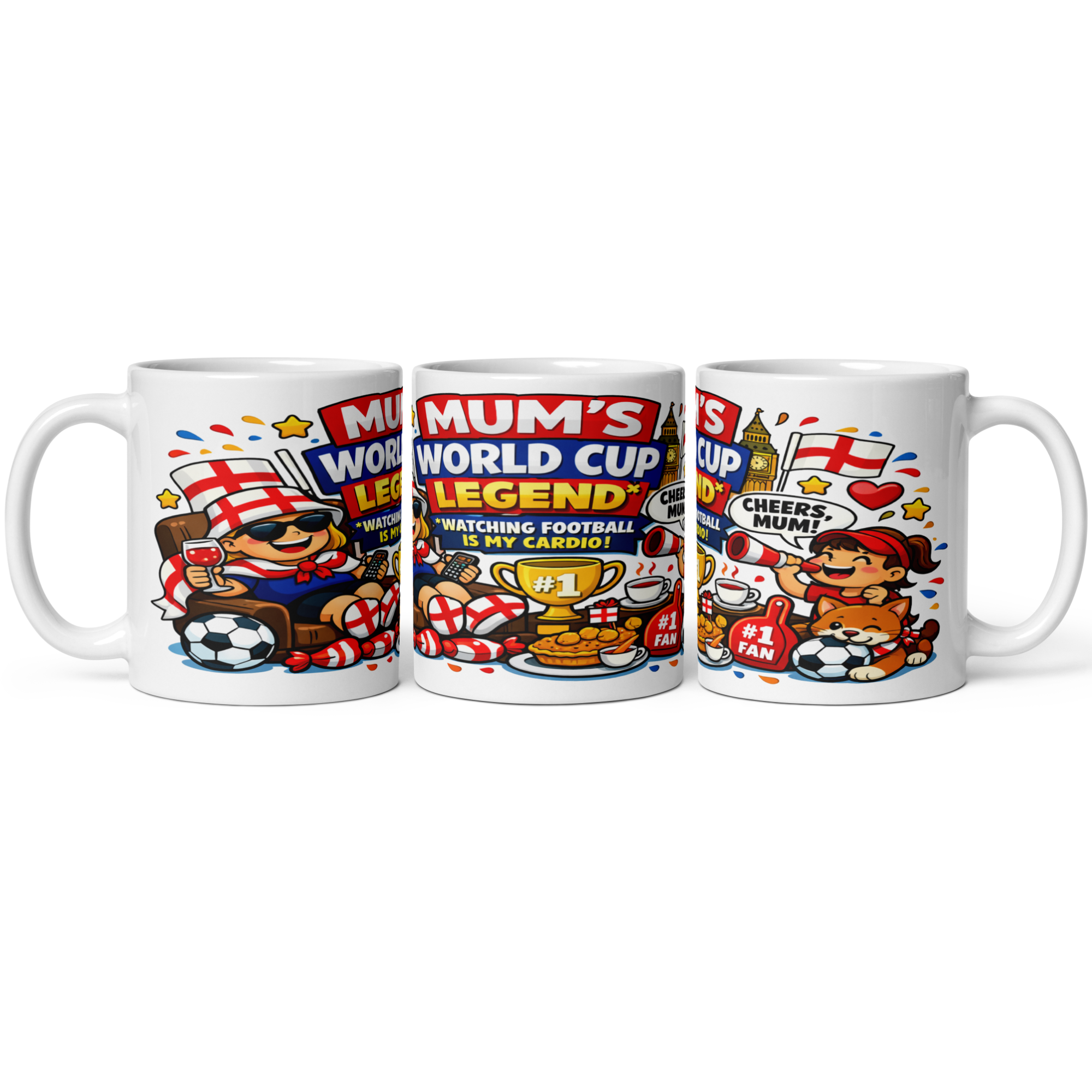 World Cup Legend Mum & Dad Matching Mug Set - "Too Old To Play" & "Watching Football Is My Cardio" 11oz White Glossy Ceramic Mugs