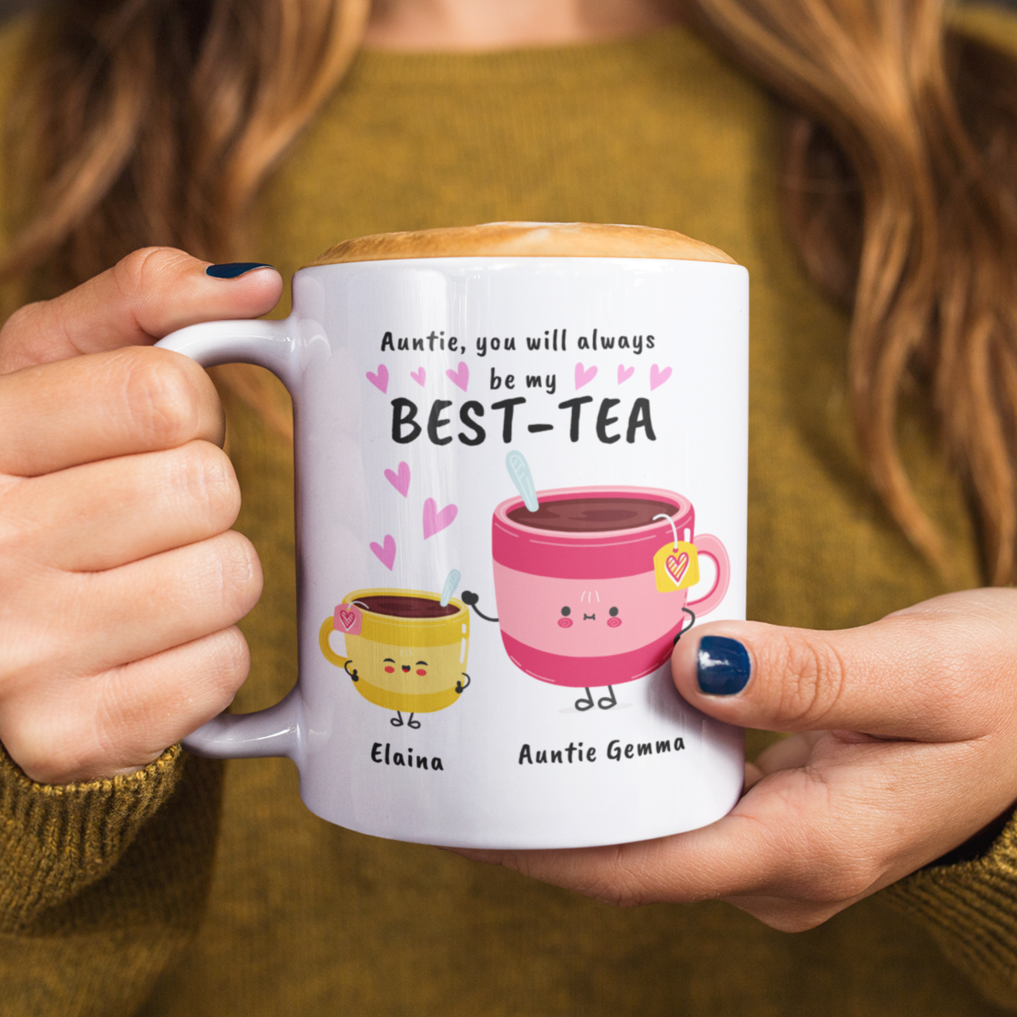 Personalised Auntie Best-Tea Mug - "Auntie [Name], You Will Always Be My Best-Tea" 11oz White Glossy Ceramic Mug - Custom Aunt Gift