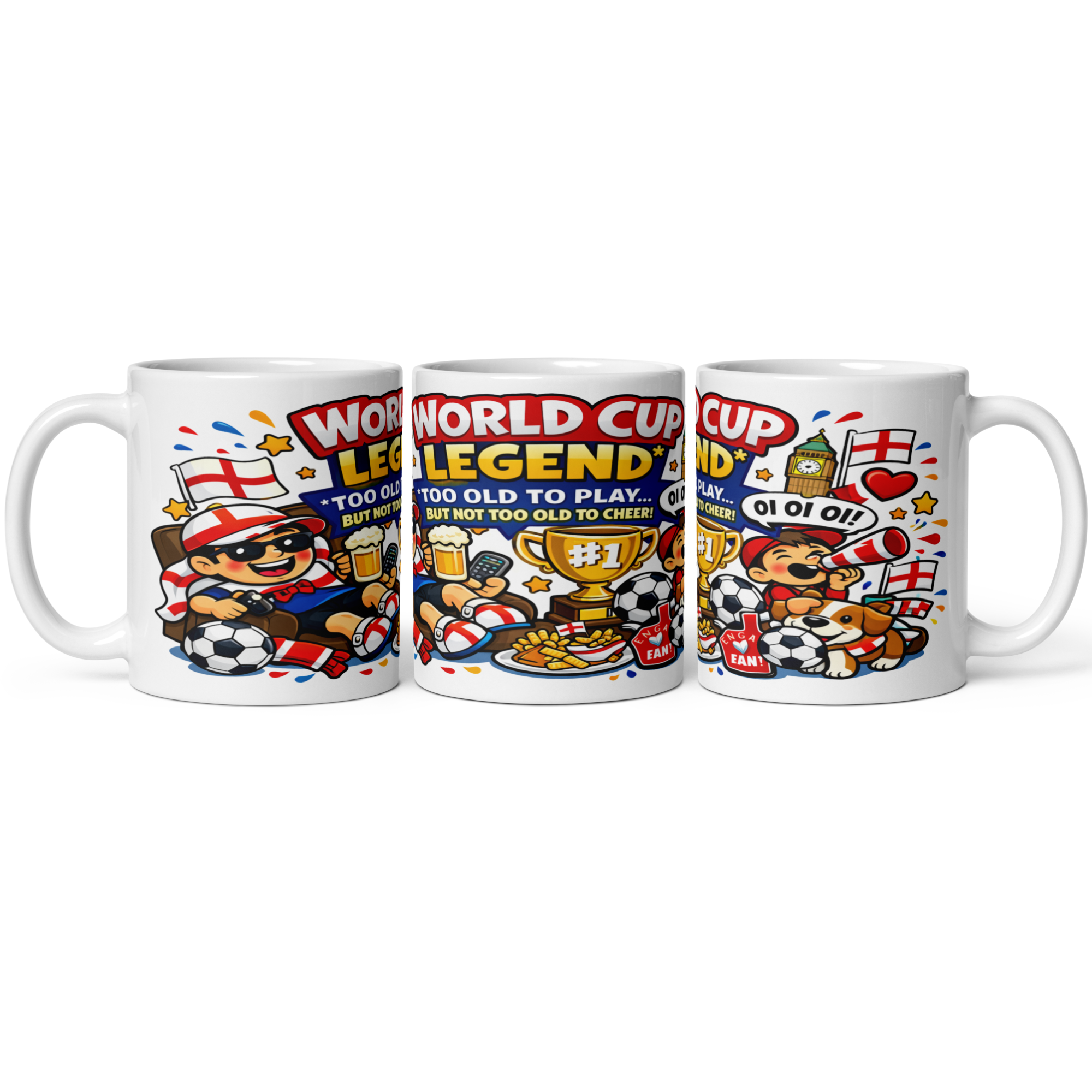 Dad's World Cup Legend Too Old To Play But Not Too Old To Cheer 11oz White Glossy Ceramic Mug - Funny Football Fan Gift