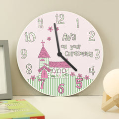 Pink and Green Wooden Clock Gift, no second hand, perfect for Christenings