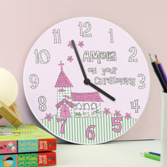 Pretty Personalised Whimsical Church Christening Clock in Pink and Green with image of Church and flowers.