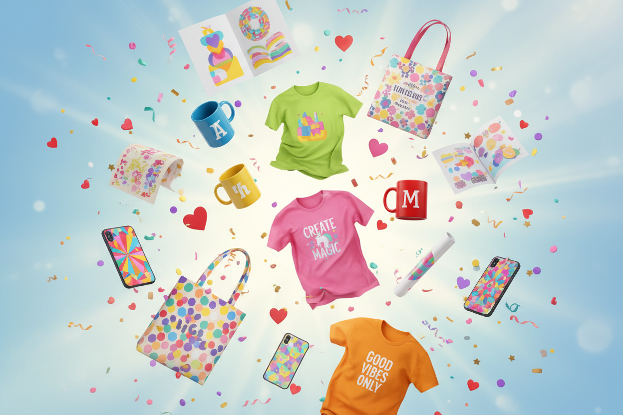 Colorful print-on-demand products flying with hearts and confetti
