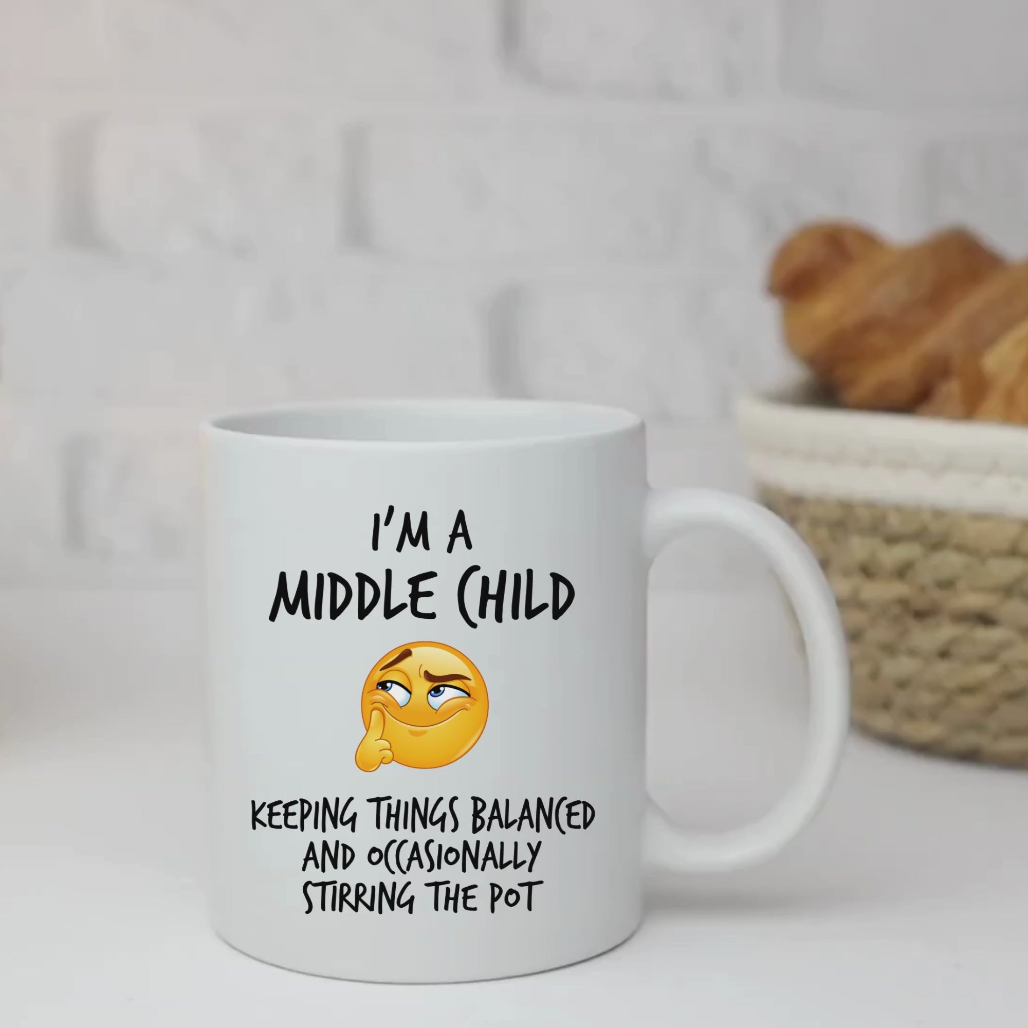 Middle Child Balance Mug V2 - 11oz White Glossy Ceramic Mug with Funny Emoticon Face