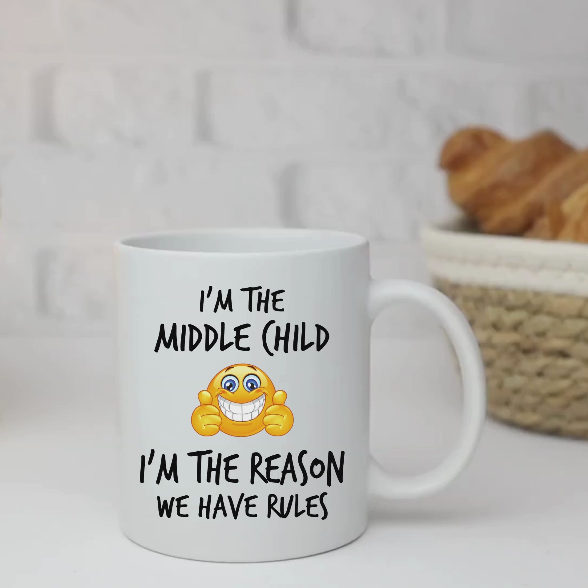 Middle Child Rules Mug V2 - 11oz White Glossy Ceramic Mug with Funny Emoticon Face