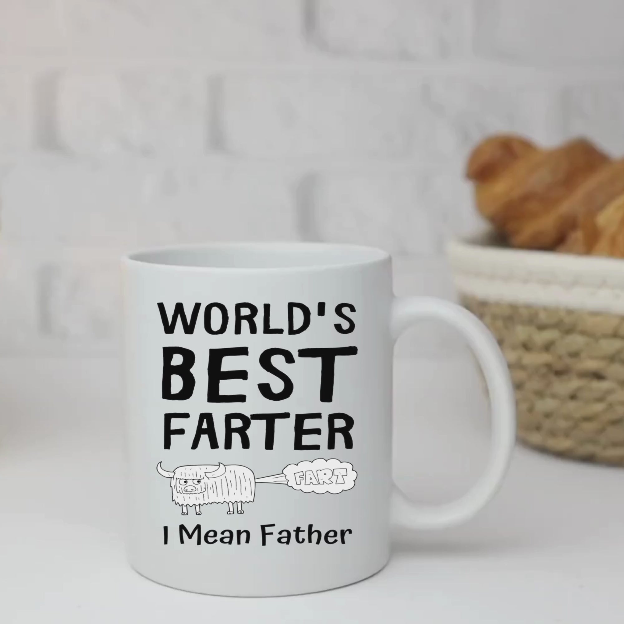 World's Best Farter I Mean Father 11oz White Glossy Ceramic Mug with Cartoon Ox Graphic