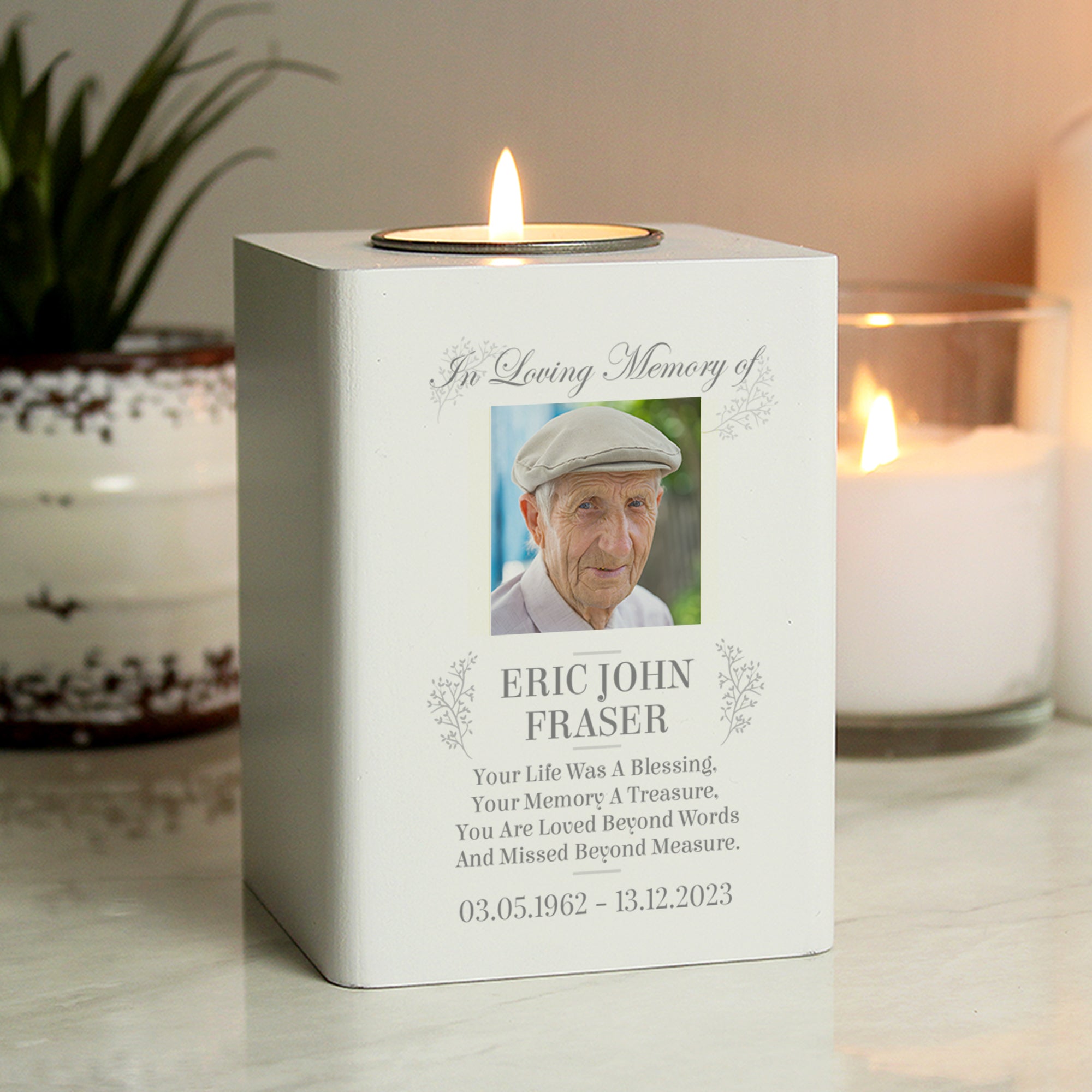 Personalised Memorial Photo Upload White Wooden Tea light Holder With Tea Light Lit