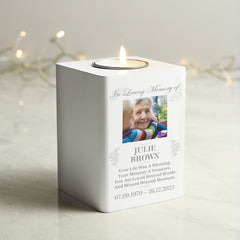 Personalised Memorial Photo Upload White Wooden Tea light Holder With Pretty Background Photo