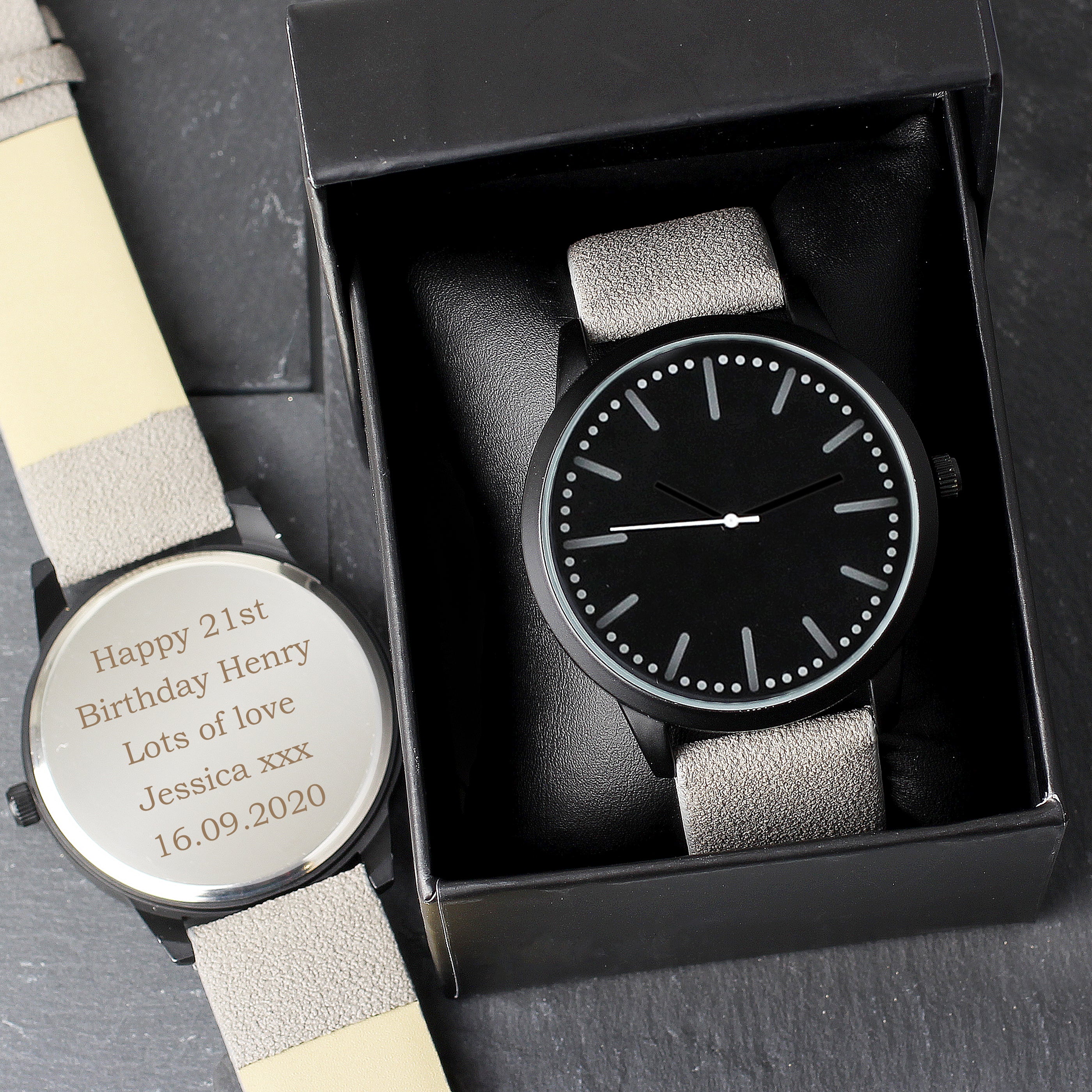 Personalised Mens Matte Black Watch with Grey Strap and Presentation Box