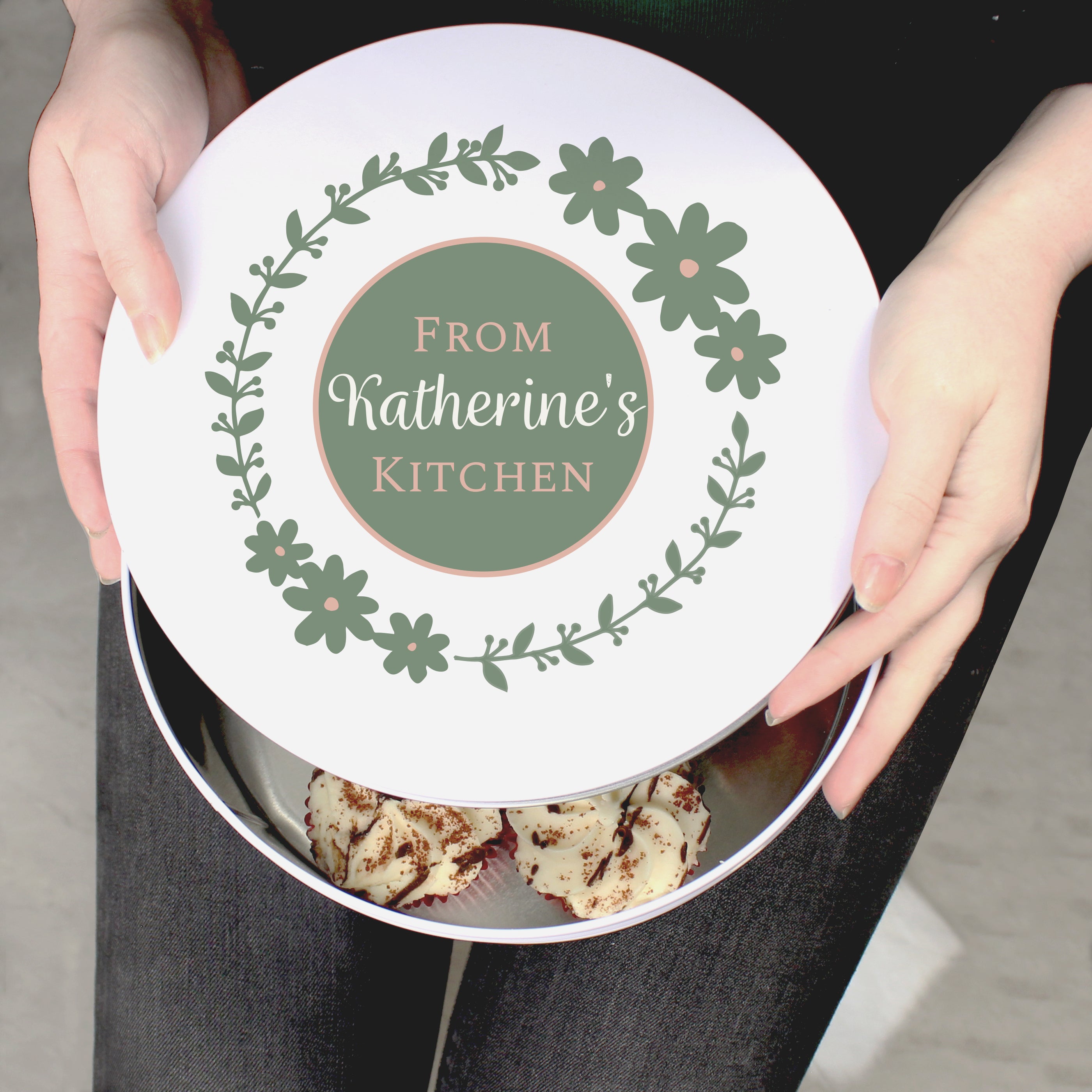 Personalised Floral Cake Tin with Cakes inside