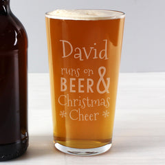 Personalised Runs On Beer & Christmas Cheer Pint Glass Filled with Beer