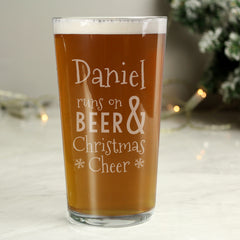 Personalised Runs On Beer & Christmas Cheer Pint Glass by Gift Original