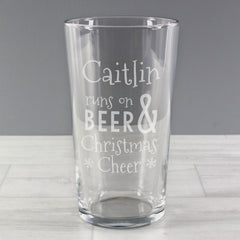 Personalised Runs On Beer & Christmas Cheer Pint Glass