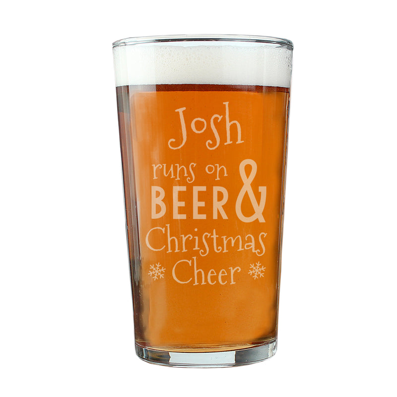 Personalised Runs On Beer & Christmas Cheer Pint Glass with Beer by Gift Original