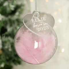 This feather glass bauble with heart tag will make a stunning addition to the Christmas tree for baby's first Christmas.