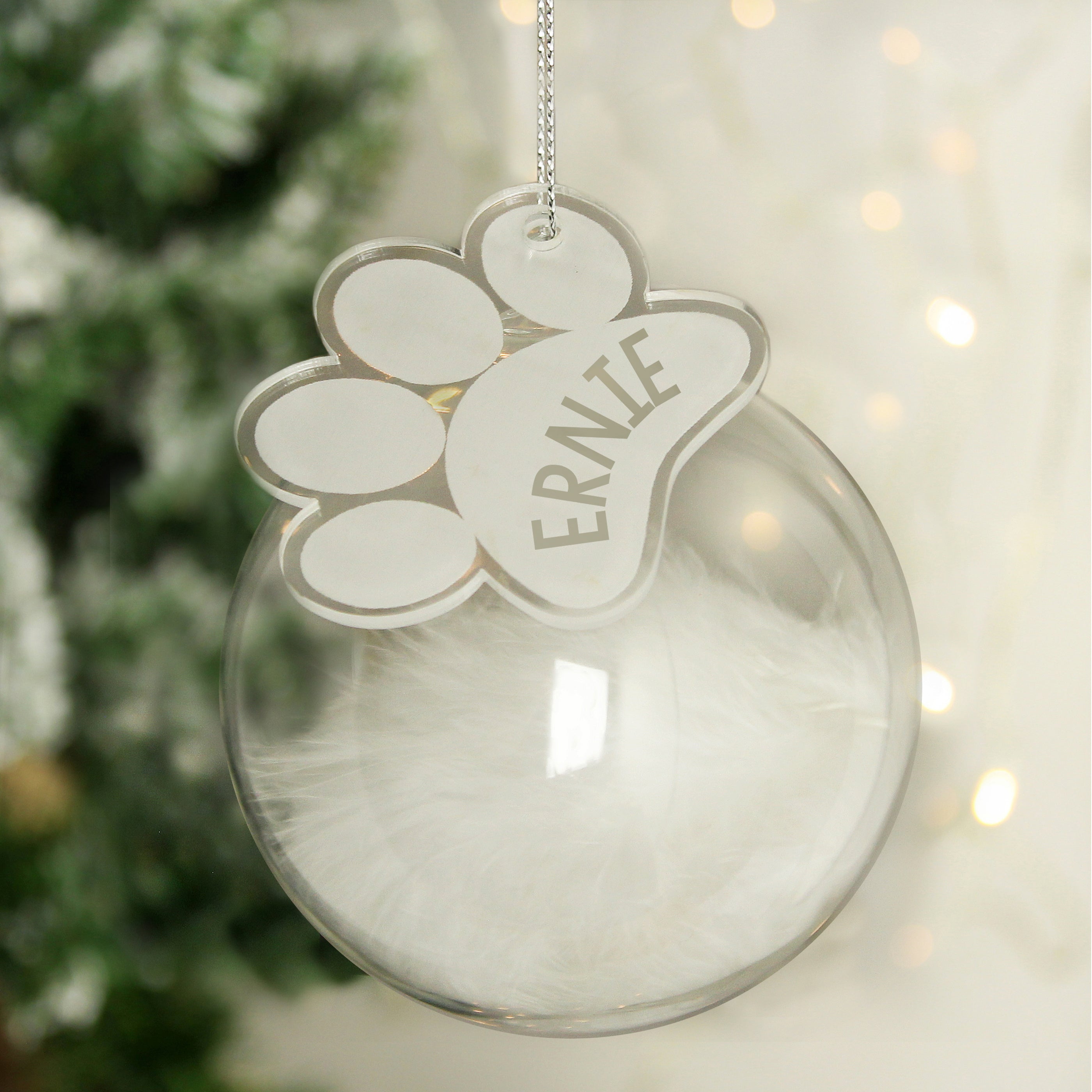 Personalised Pets White Feather Glass Bauble With Paw Print Tag By Gift Original