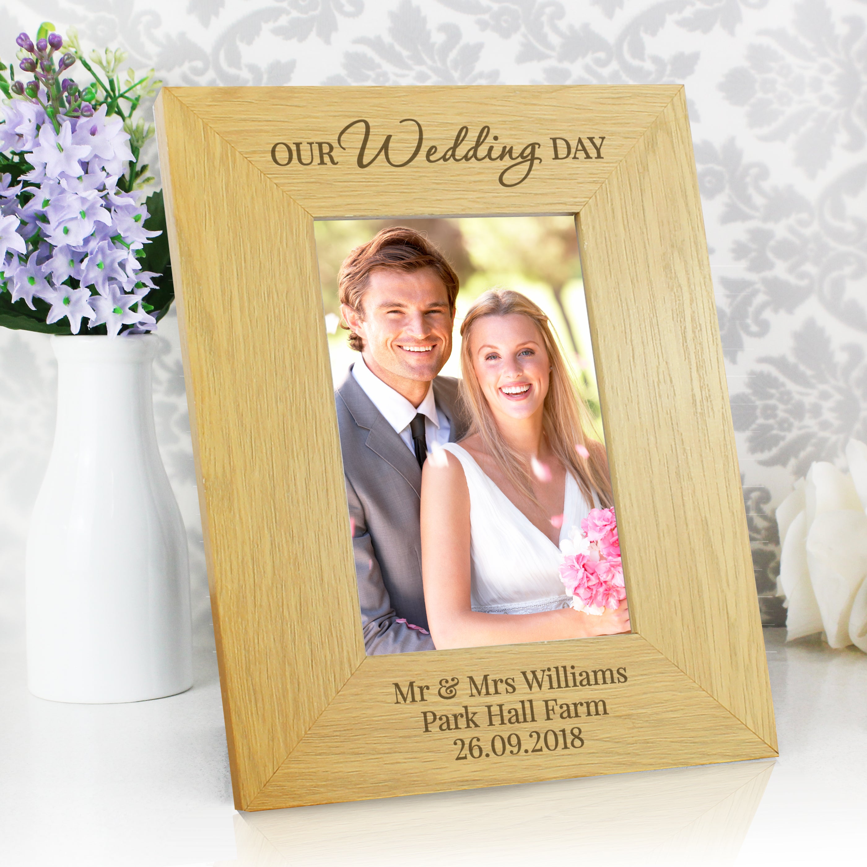 Personalised Our Wedding Day 4x6 Oak Finish Photo Frame