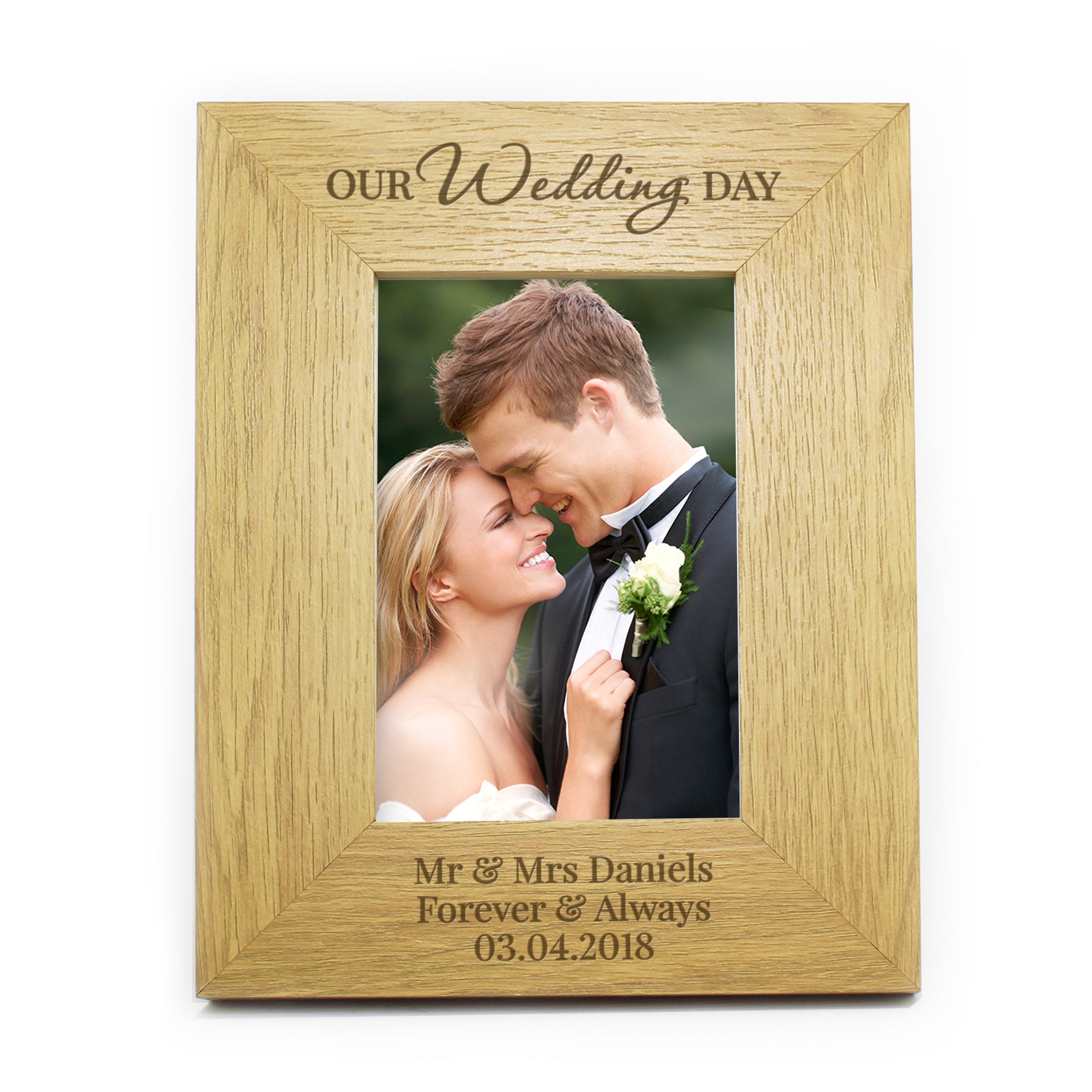 Personalised Our Wedding Day 4x6 Oak Finish Photo Frame