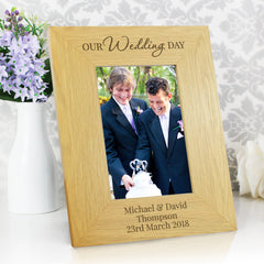 Personalised Our Wedding Day 4x6 Oak Finish Photo Frame