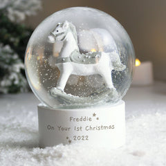 Personalised Free Text Rocking Horse Glitter Snow Globe Snowy Scene