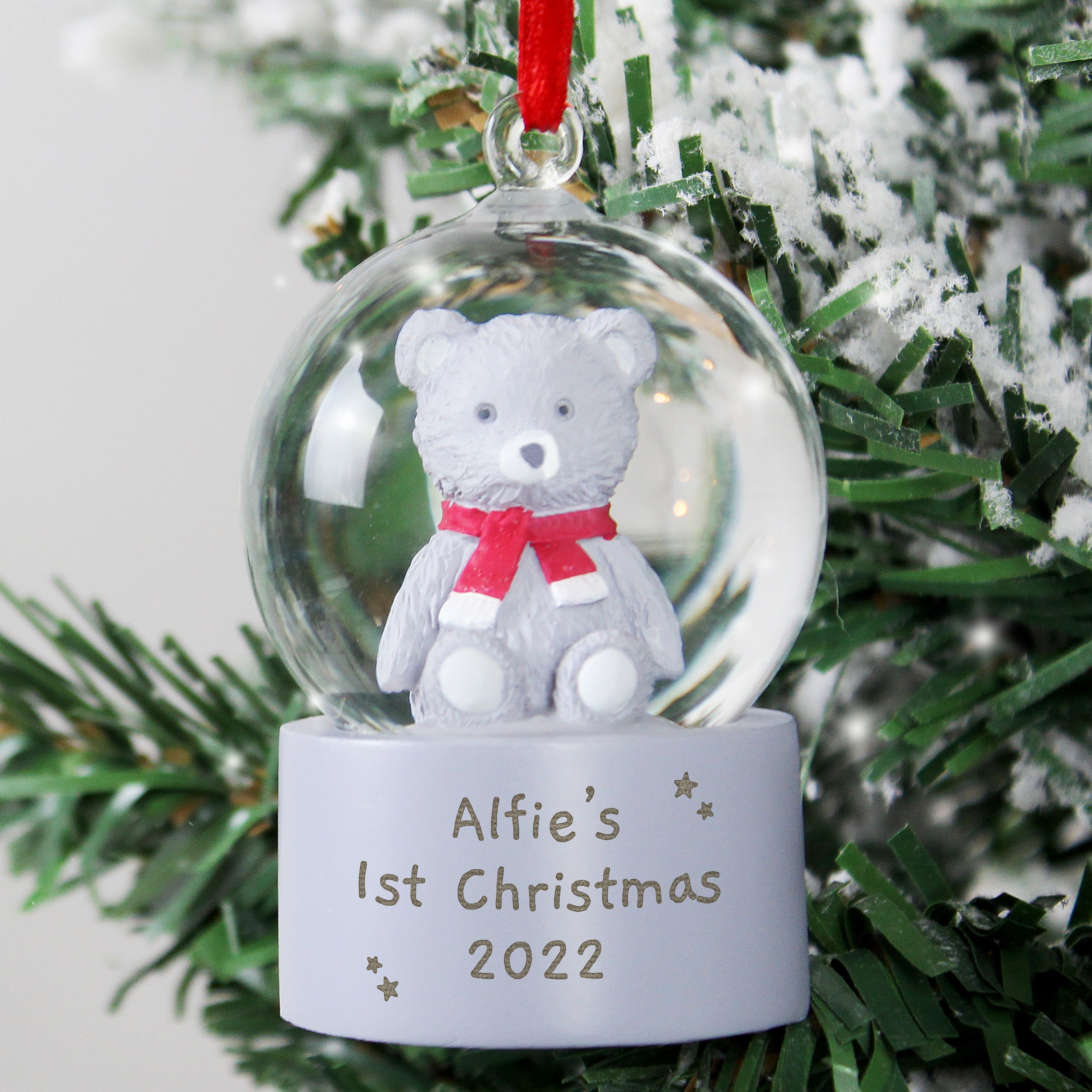 Personalised Message Teddy Bear Glitter Snow Globe Tree Decoration