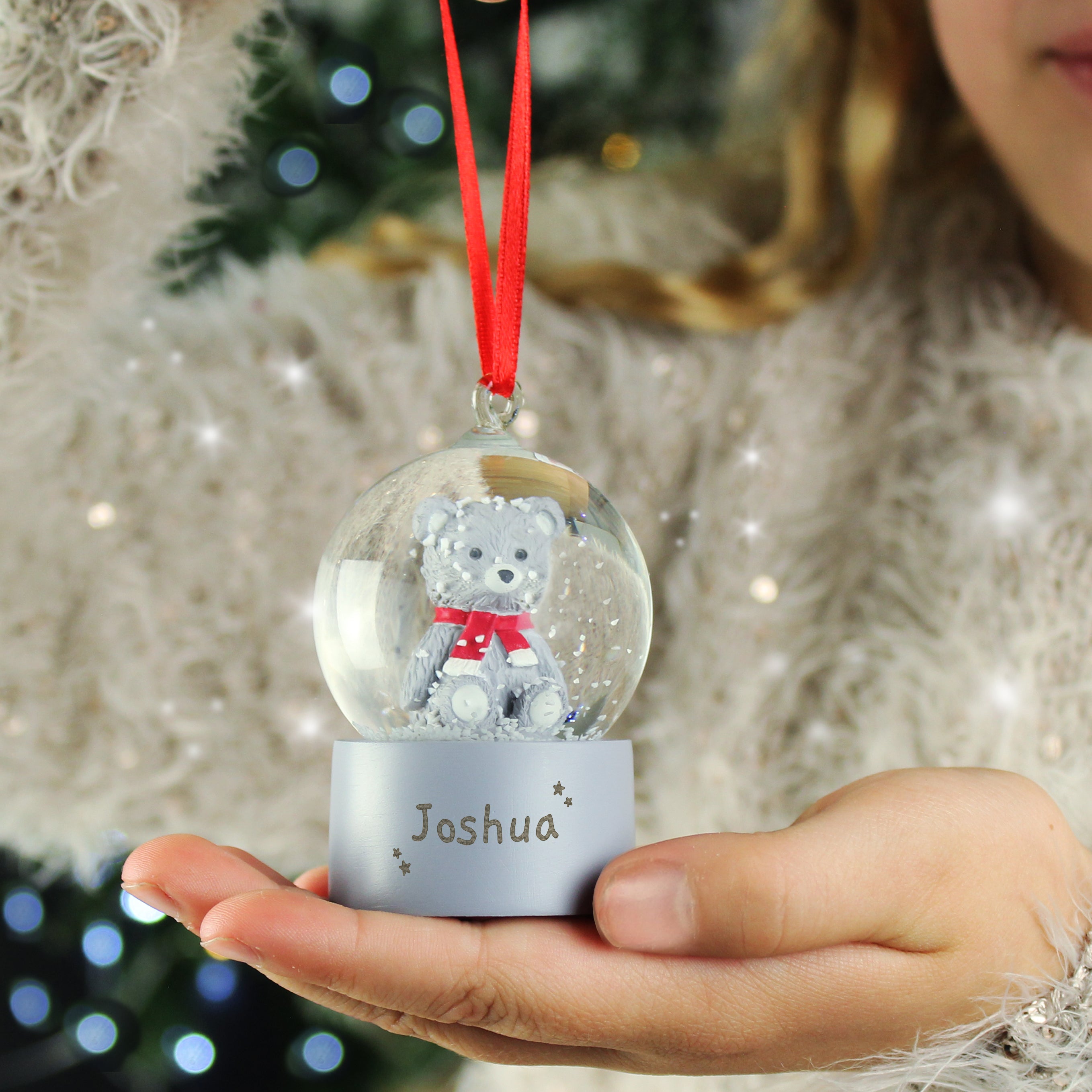 Personalised Name Only Teddy Bear Glitter Snow Globe Tree Decoration