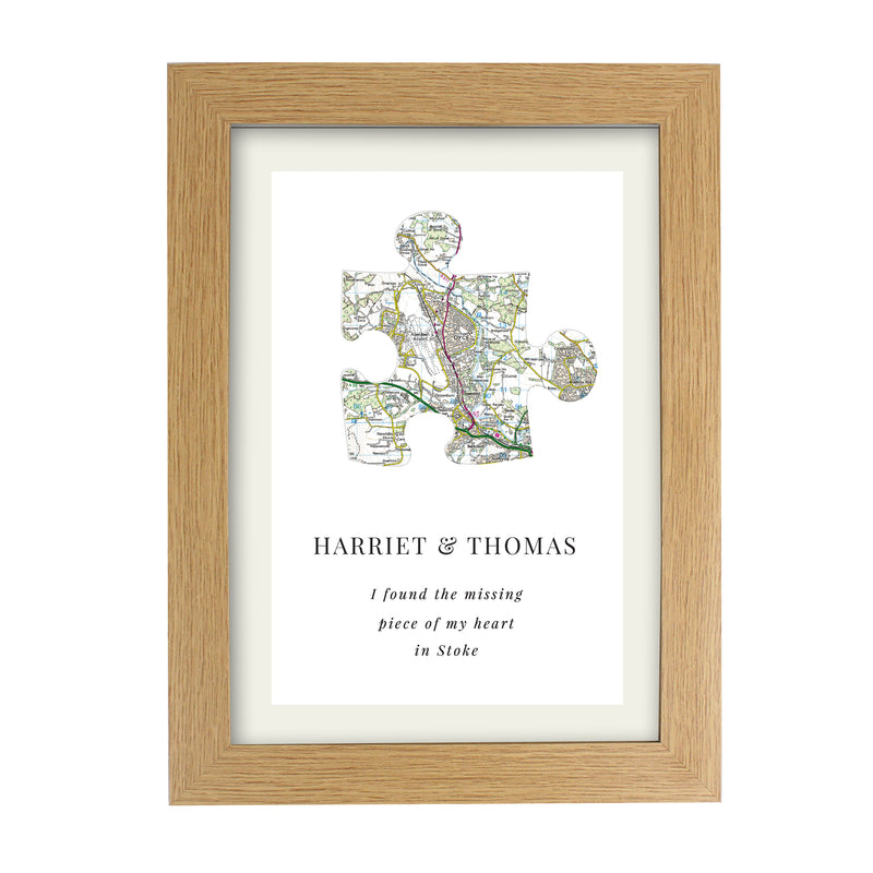 Personalised Present Day Map Puzzle Piece A4 Oak Framed Print