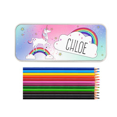 Gift Original Personalised Unicorn Pencil Tin with Pencil Crayons