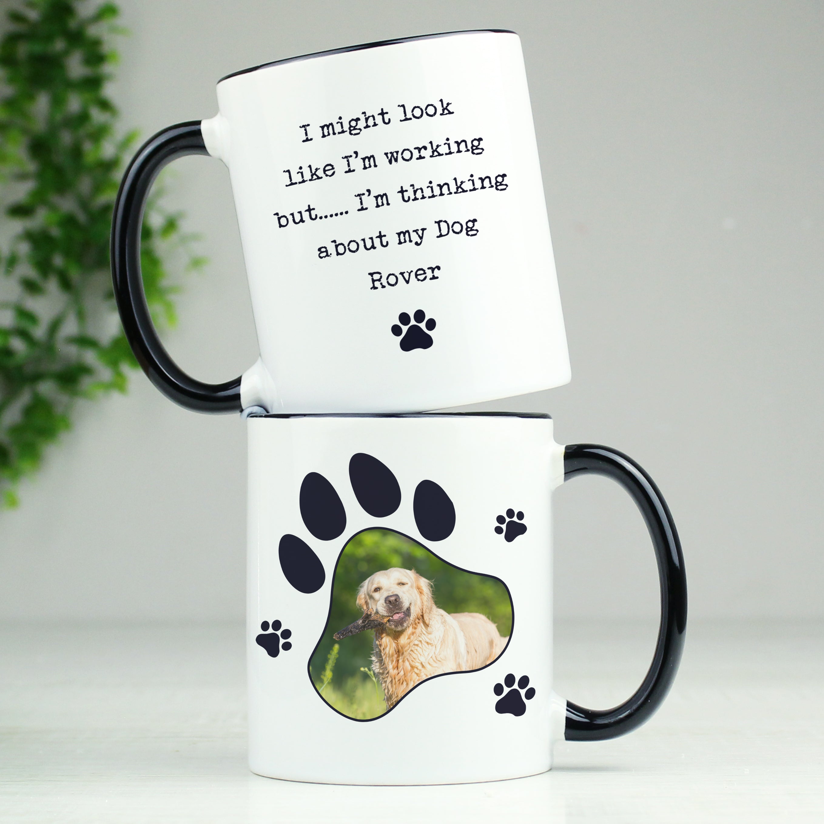 Personalised Paw Print Pet Photo Upload Black Handled Mug