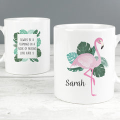 Two Personalised Flamingo Mug Showing Both Sides of The Mug