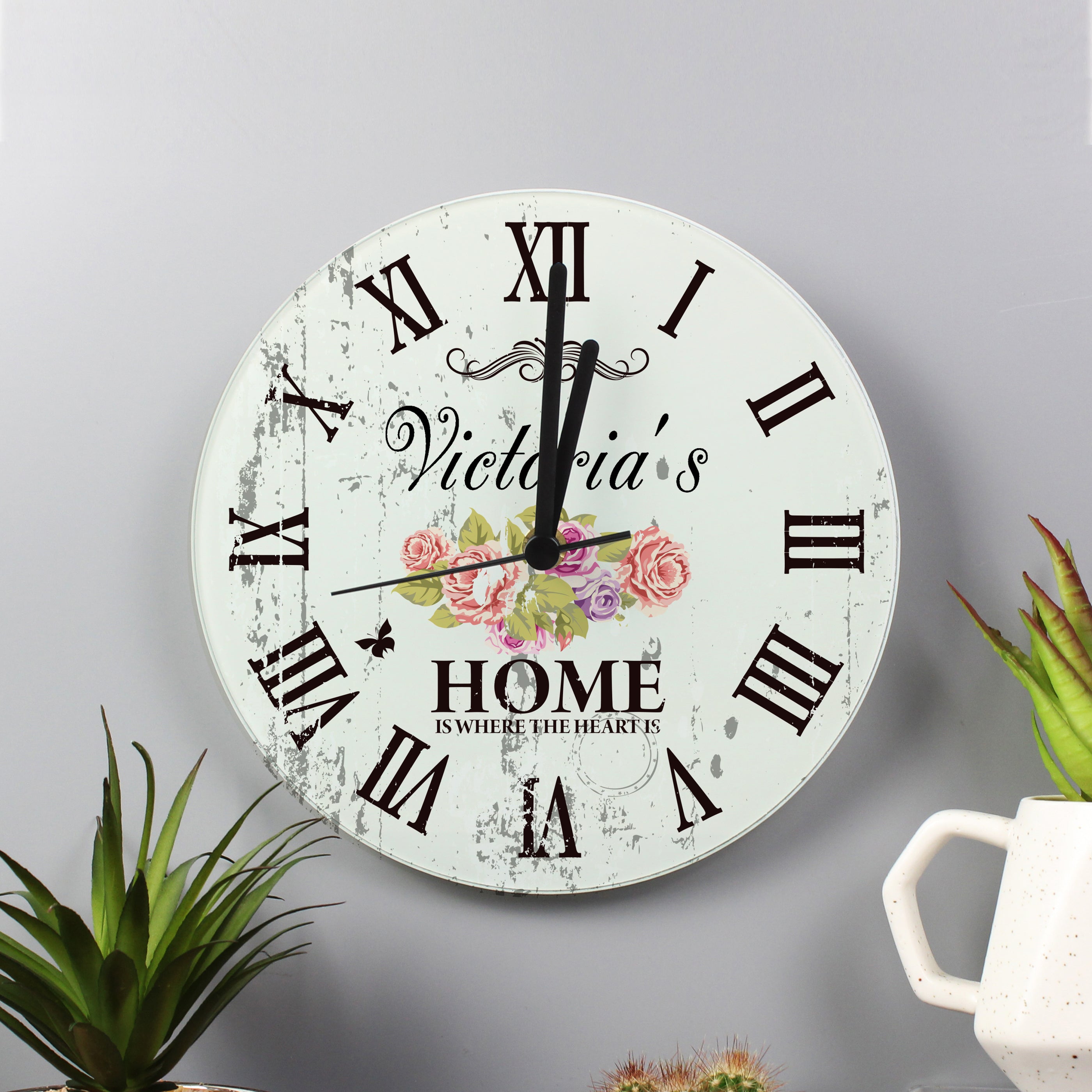 Personalised Shabby Chic Floral Glass Clock