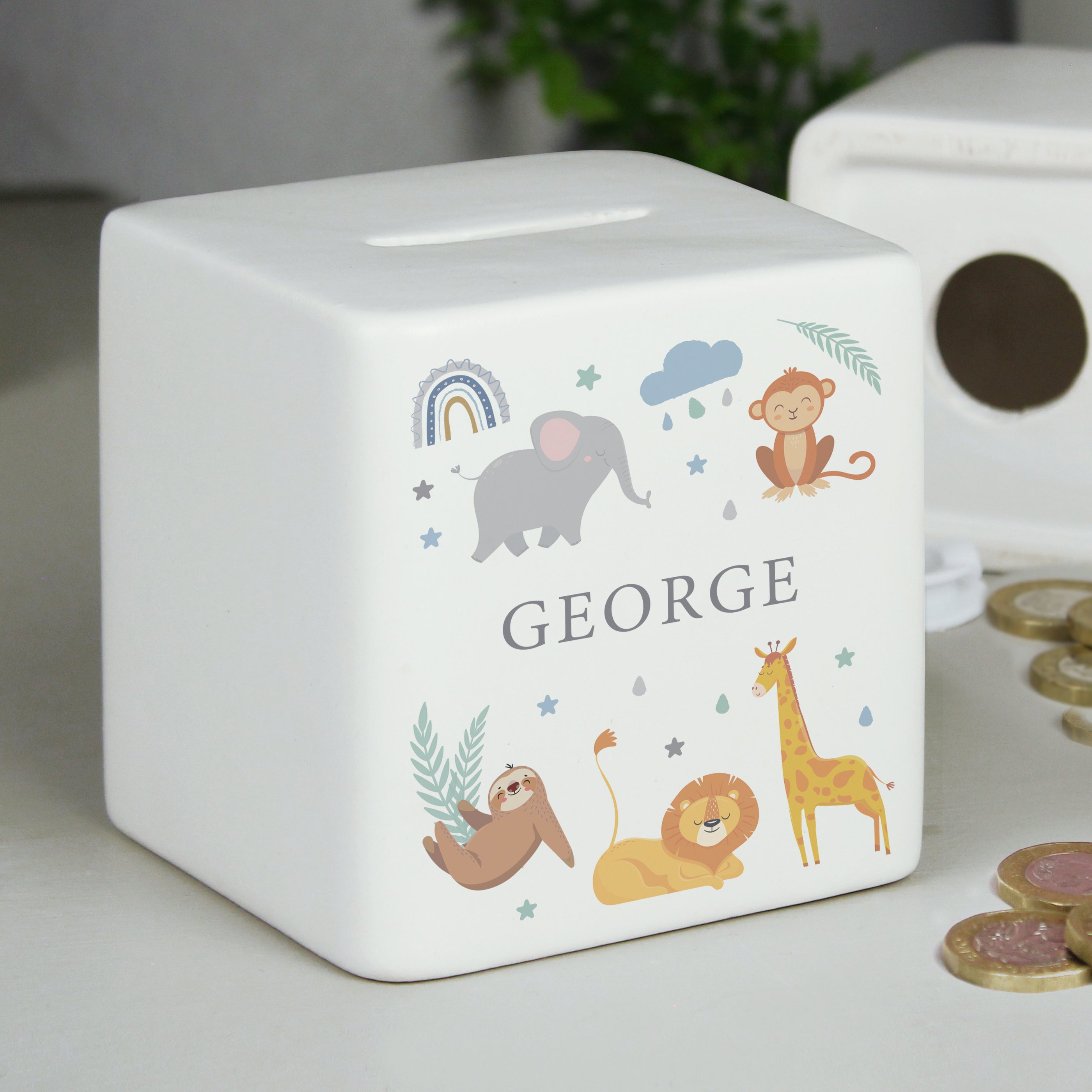 Personalised Safari Animals Ceramic Square Moneybox