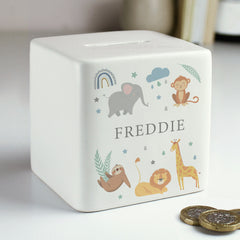 Personalised Safari Animals Ceramic Square Moneybox