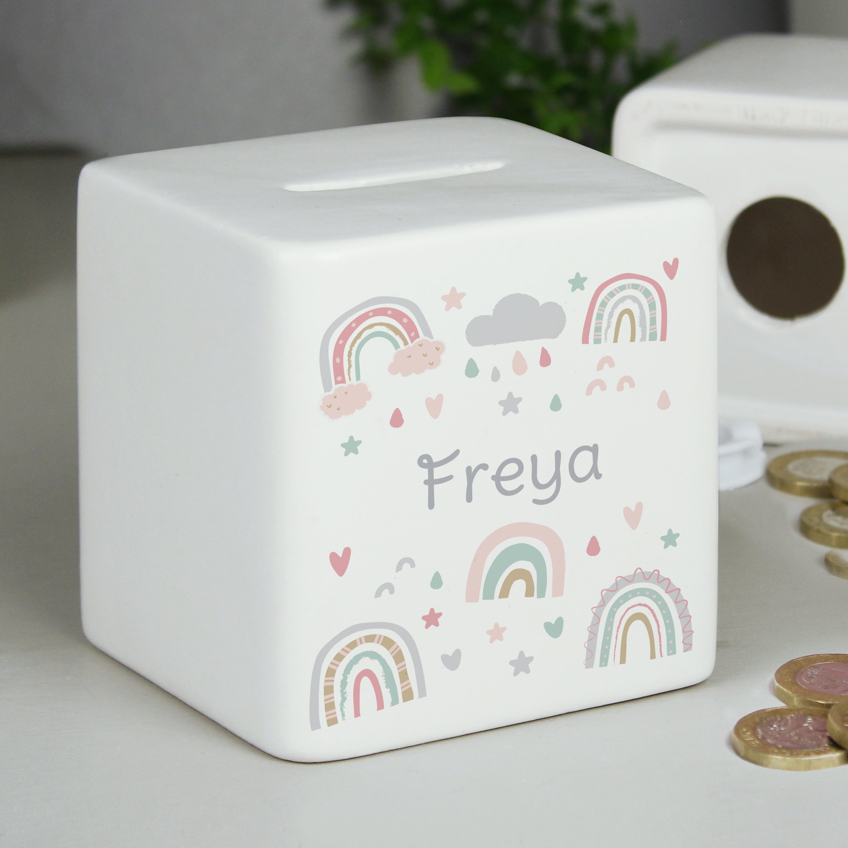 Personalised Rainbow Ceramic Square Money Box