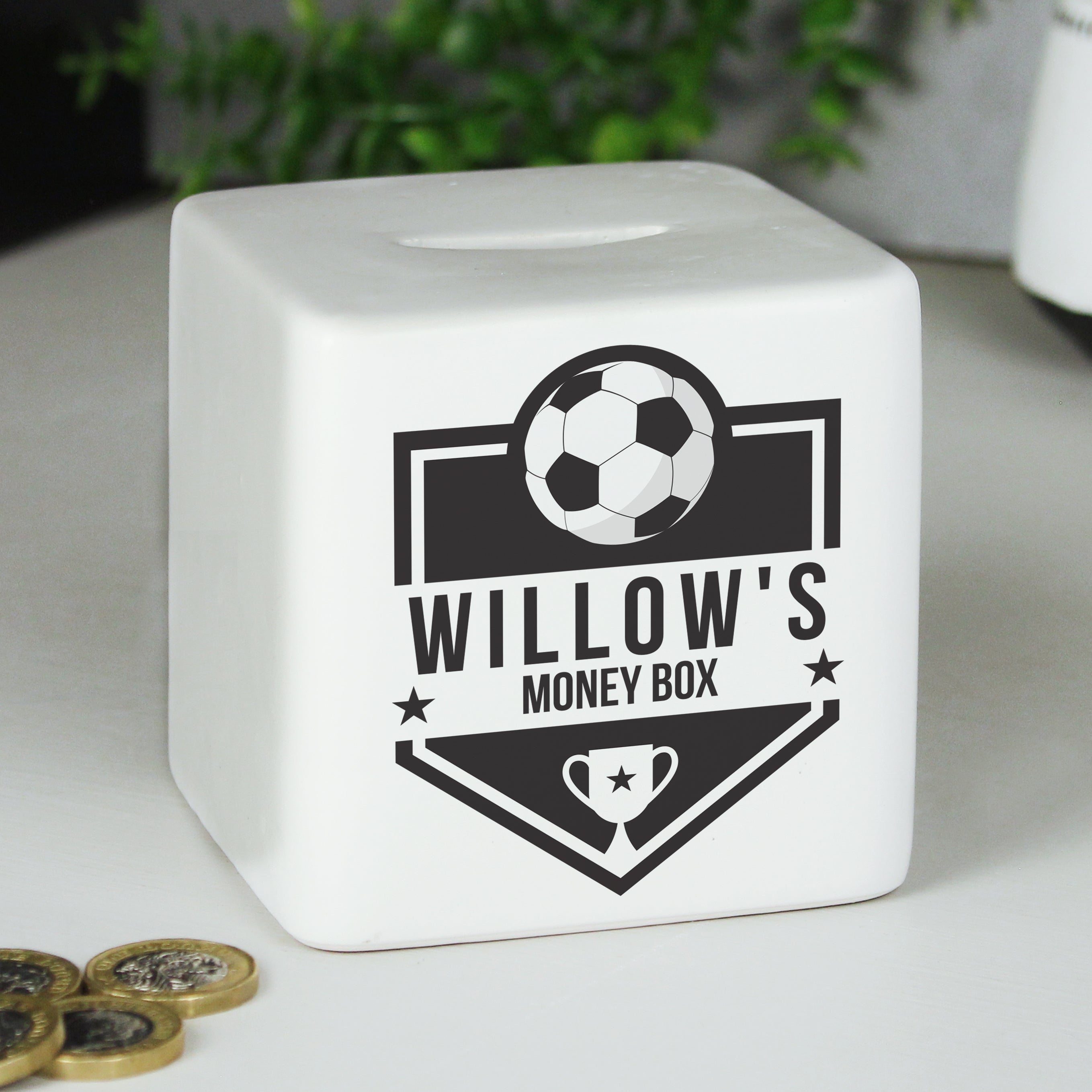 Personalised Football Badge Ceramic Square Money Box