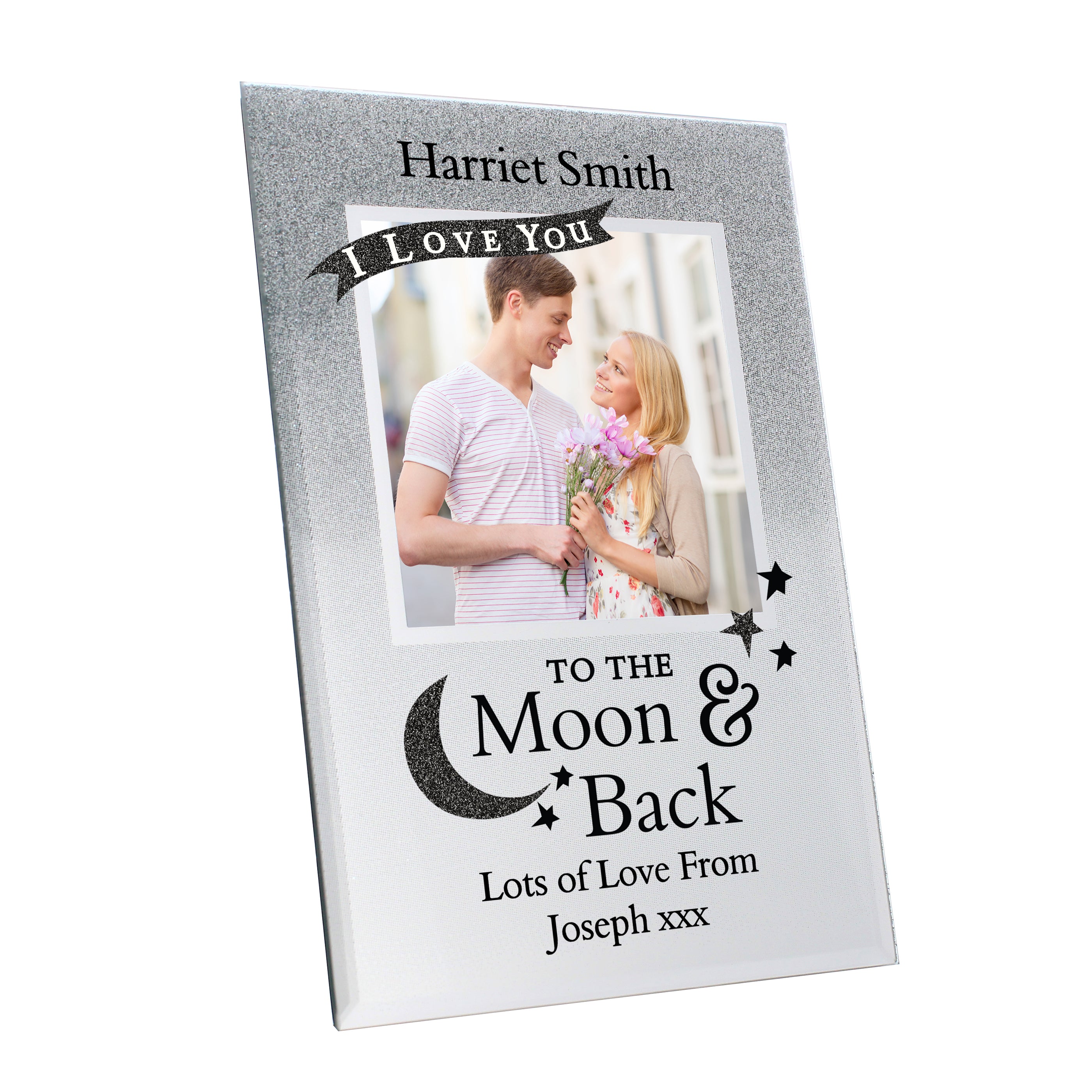 Personalised To the Moon and Back 4x4 Glitter Glass Photo Frame