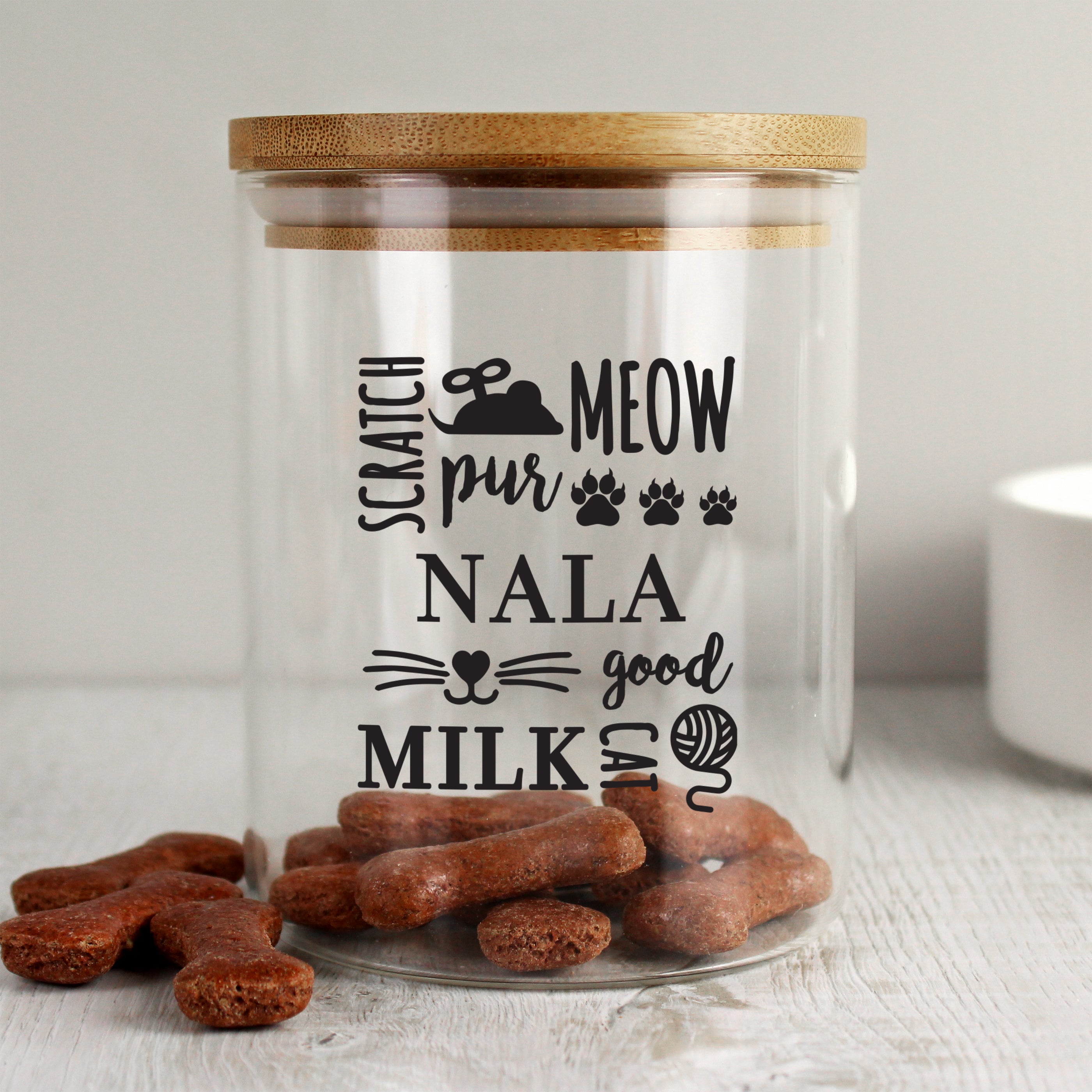 Personalised Glass Cat Treat jar with Bamboo Lid