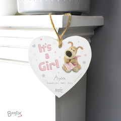 Personalised Boofle It's a Girl Wooden Heart Decoration