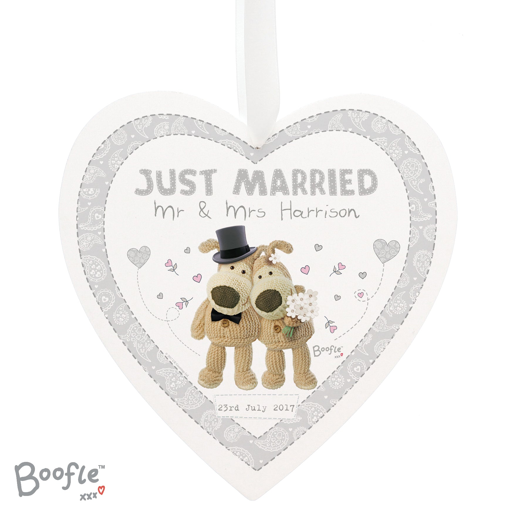 Personalised Boofle Wedding Large Wooden Heart Decoration