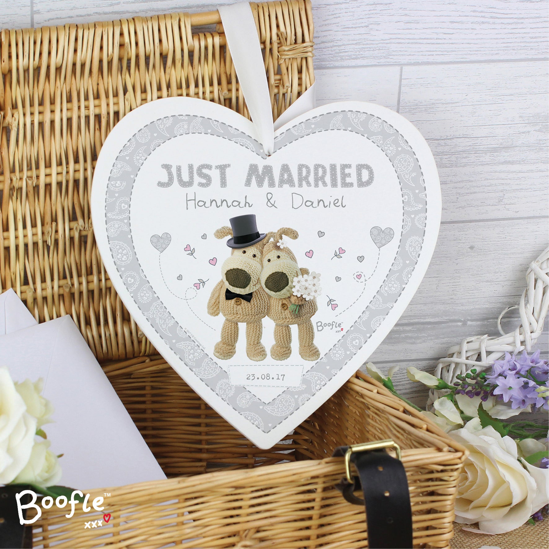 Personalised Boofle Wedding Large Wooden Heart Decoration