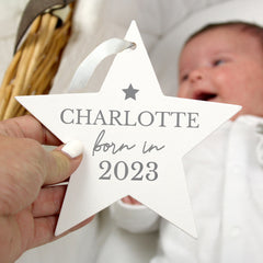 Personalised Born In Wooden Star Decoration Baby Photo