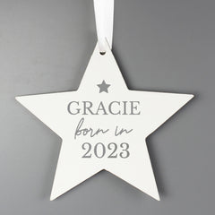 Personalised Born In Wooden Star Decoration with Greay Background