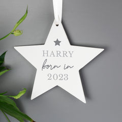 Hanging by Ribbon Personalised Born In Wooden Star Decoration