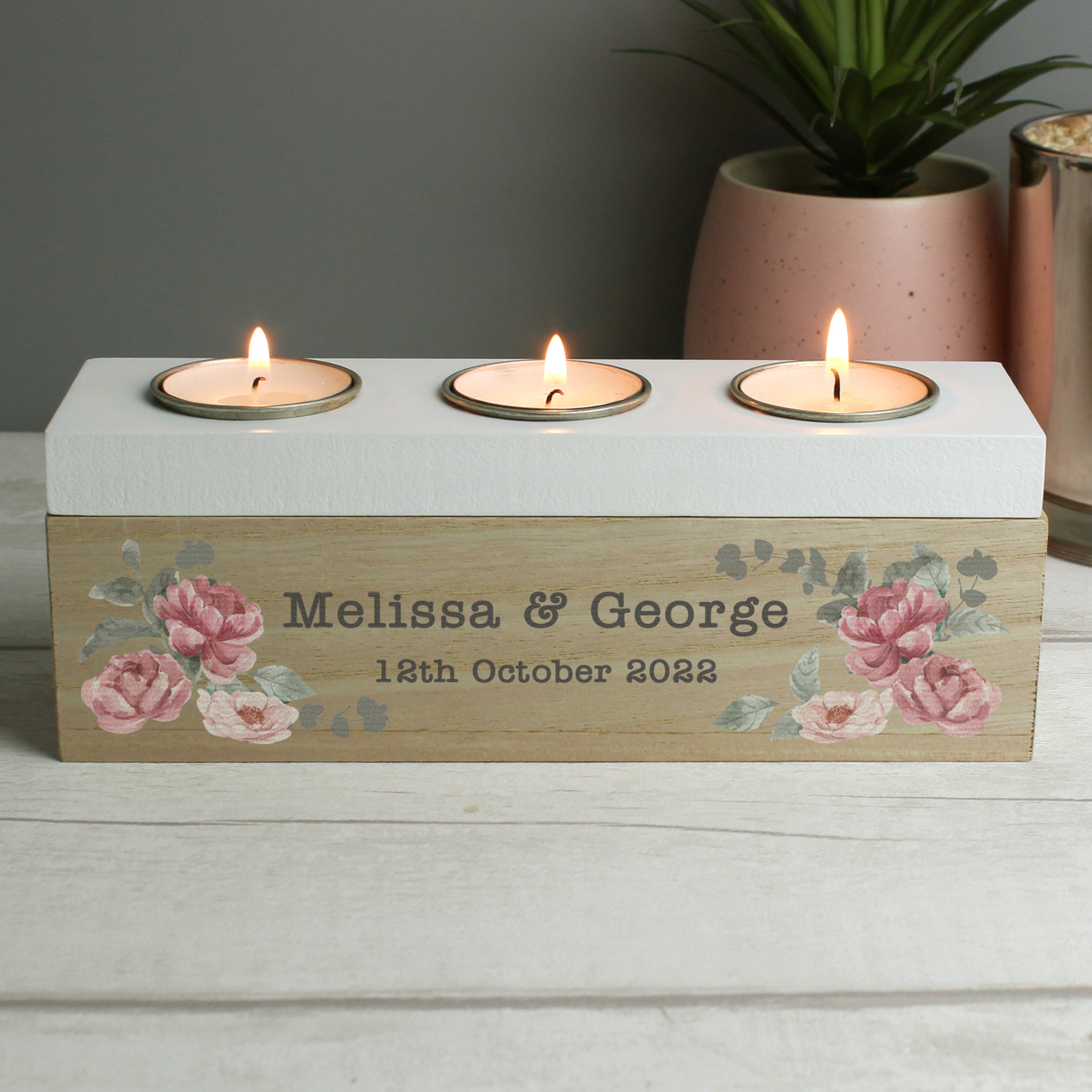 Personalised Floral Watercolour Triple Tealight Box