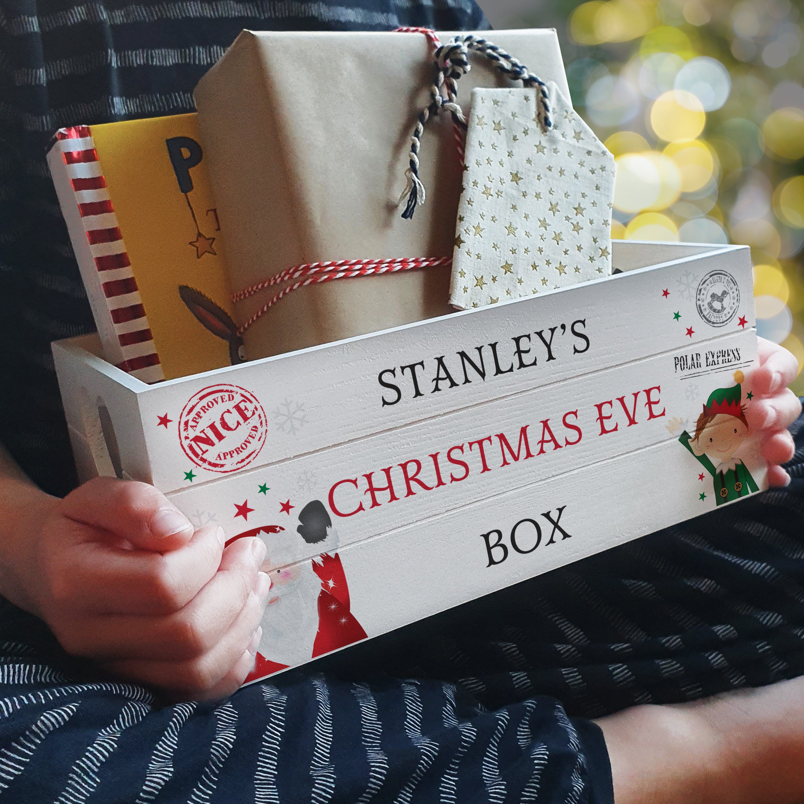 Personalised Christmas White Wooden Crate on a Lap Filled with Gifts